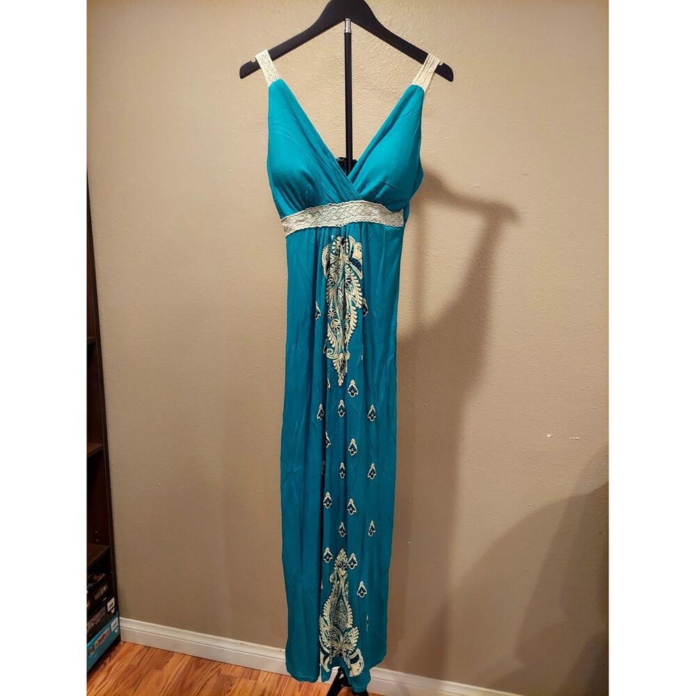 Just Love Teal Maxi Dress with Lace Trim and Embroidery